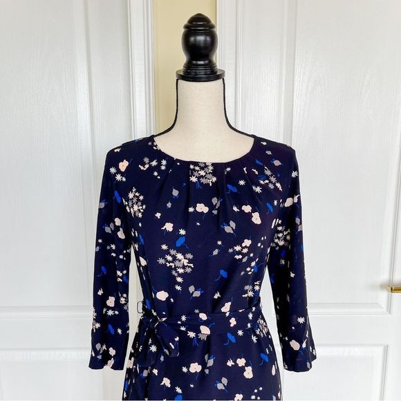 Ann Taylor Sz 0 Black and Blue Round Ruffled Neck Long Sleeves Knee Length Dress - Picture 2 of 12